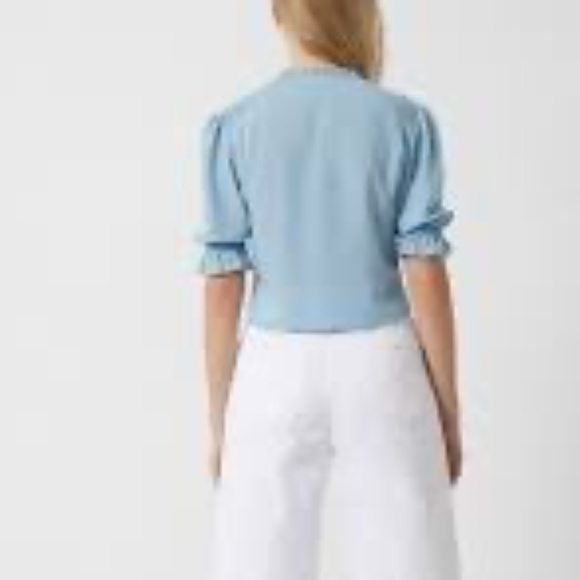 French Connection Crepe Light Cropped Top Ruffle Sleeve Blouse in Forget Me Not - Picture 3 of 7